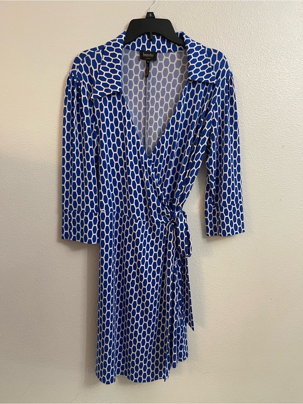Laundry by Design Honeycomb Blue & White 3/4 Sleeve Wrap Midi Dress Size 10